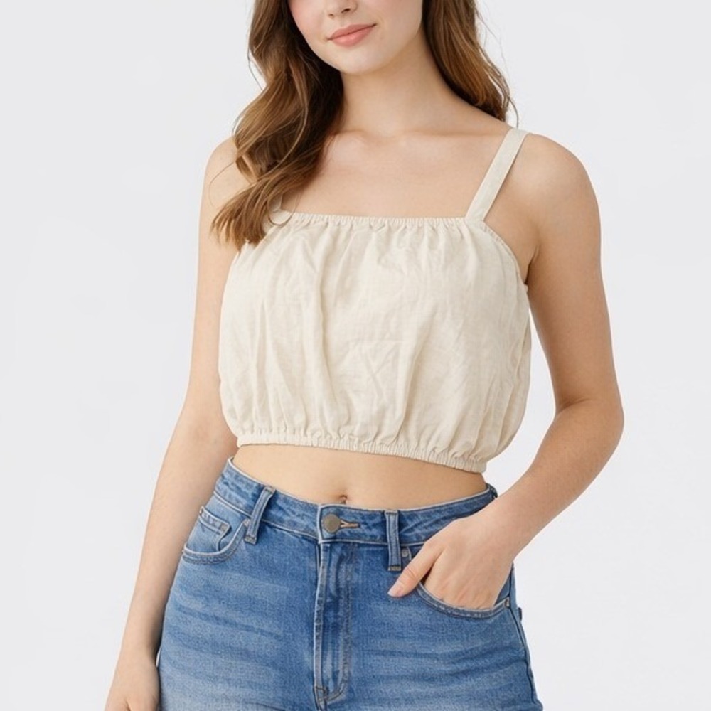 Forever‎ 21 Linen Blend Crop Top Cream Boho Coastal Gathered Cami Tank Large